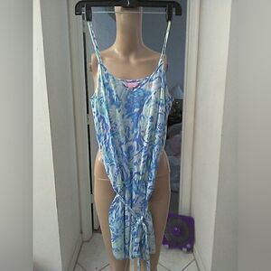 LIKE New Lilly Pulitzer Romper Blue Teal & White Printed Designs W/ BELT Sz. S